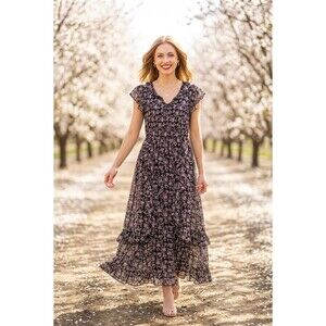 In February Dress Womens Size L Black Pink Floral Ruffle Tiered Maxi